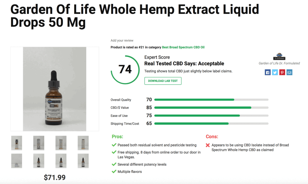 Garden Of Life Whole Hemp Extract Liquid Drops 50 Mg