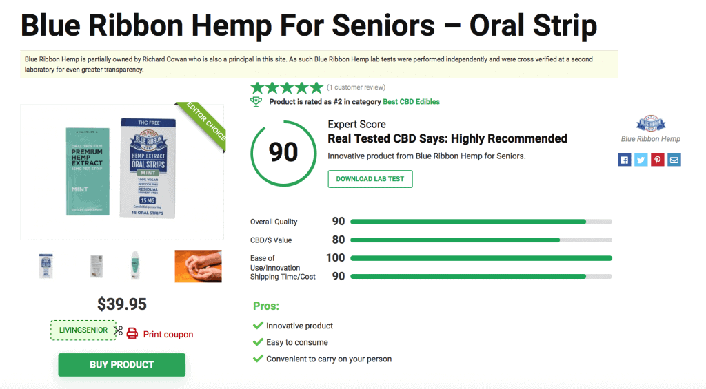 Blue Ribbon Hemp For Seniors - Oral Strip